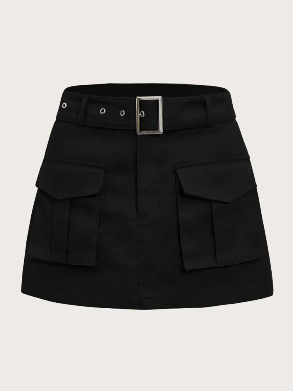 Black Casual Women's Grunge Flap Pocket Buckle Belted Cargo Skirt